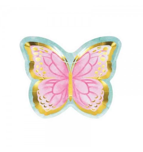 8 Piatti sagomati in carta Butterfly Farfalla rosa e oro 355770