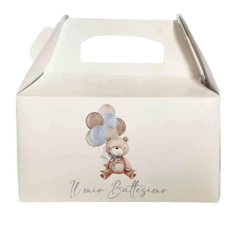 Box Contenitore Caramelle e Pop Corn tema battesimo orsetto celeste con palloncini