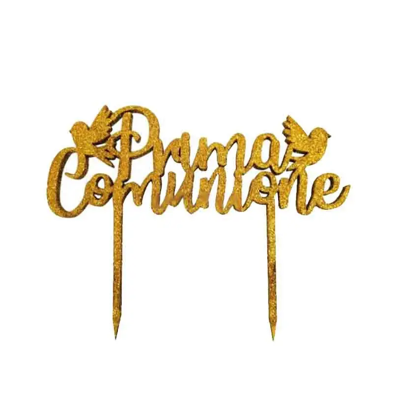 Cake Topper in Legno glitterato oro prima comunione con colombe