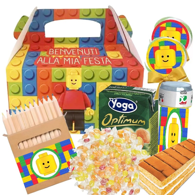 Box scatola Lego Block Party con merendine e succhi di frutta - 6 pz