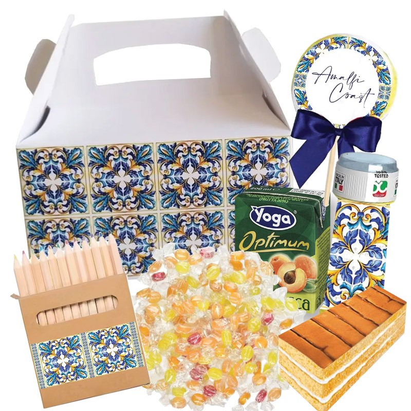 Box scatola Maioliche Amalfi con merendine e succhi di frutta - 6 pz