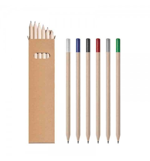 set 6 matite con finitura colorata   Ø cm 0,7 x 17,5 ca CON astuccio in carta naturale 4,5x18x1 ca PD580
