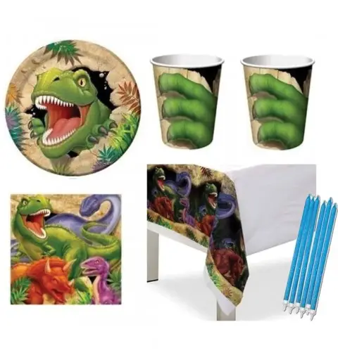 KIT N 24 COORDINATO COMPLEANNO DINOSAURI CON CANDELINE DECORAZIONE FESTA ADDOBBI