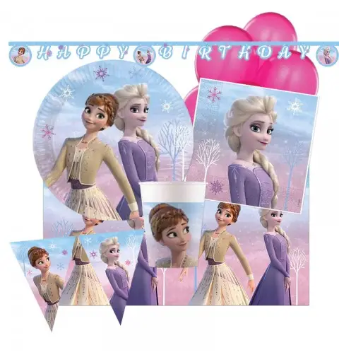 KIT COMPLEANNO PRINCIPESSA FROZEN NORTHEN COMPLETO CON PALLONCINI FUCSIA N.27