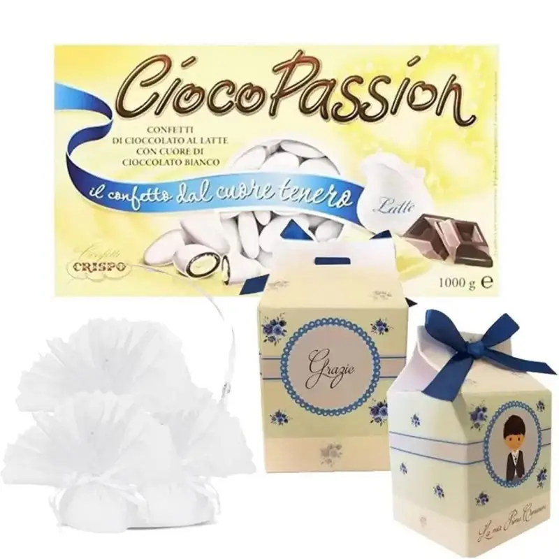 30 SCATOLINE MILK PRIMA COMUNIONE BAMBINO FLORAL CON CONFETTI E SACCHETTI