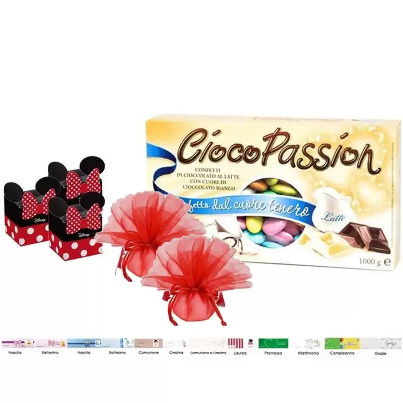 BOMBONIERE MINNIE CUBETTO CON CONFETTI SACCHETTI E SCATOLINE DISNEY - 20 PZ