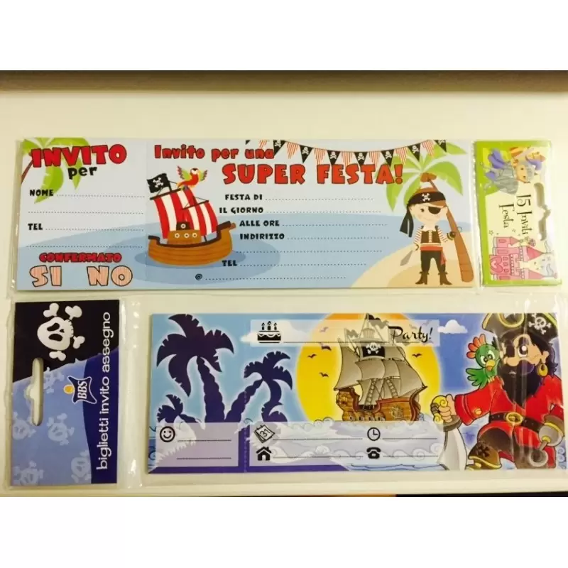 KIT N 9 COORDINATO A TEMA PIRATI NERO CON INVITI PER FESTA A TEMA PARTI