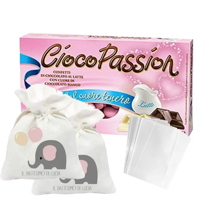Sacchetti con Confetti Battesimo Elefantino Rosa kit fai da te - 30pz