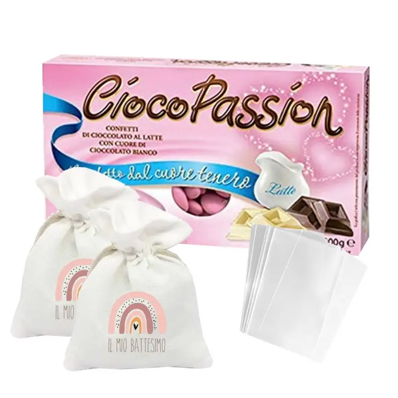 Sacchetti con Confetti Battesimo Arcobaleno Rosa  kit fai da te - 30pz