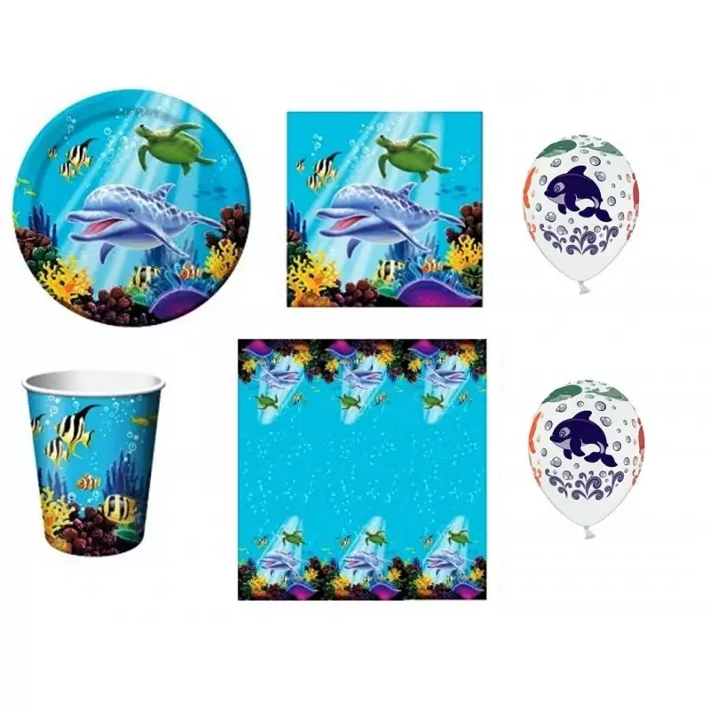 KIT N 8 OCEANO COORDINATO TAVOLA ACQUARIO PESCI MARE CON PALLONCINI PER FESTA 