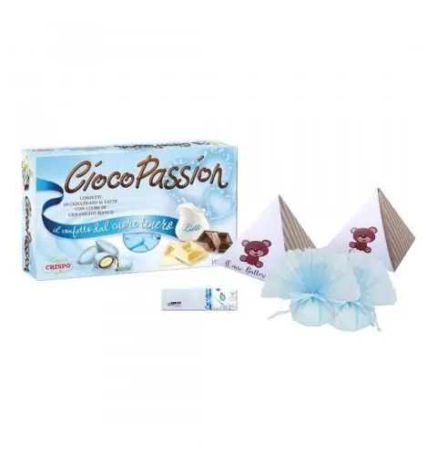 BOMBONIERE BATTESIMO CELESTE CON SCATOLINE PIRAMIDE - 30 PZ