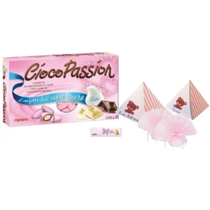 BOMBONIERE BATTESIMO ROSA CON SCATOLINE PIRAMIDE SACCHETTI E CONFETTI - 30 PZ