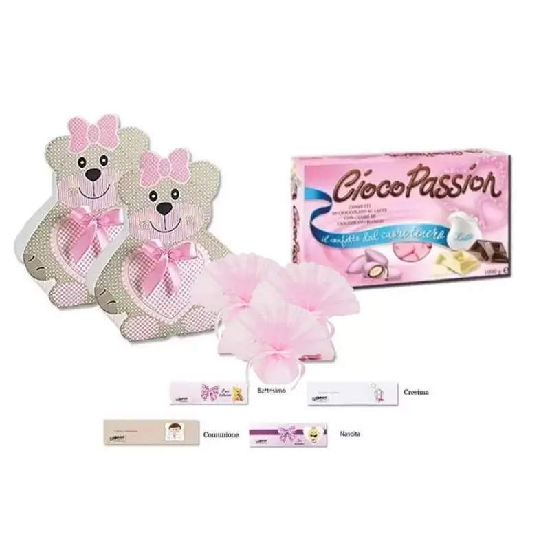 CONFETTI BOMBONIERE - SACCHETTI ORSETTI E BIGLIETTINI ROSA