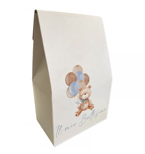 scatolina sacchetto battesimo orsetto celeste con palloncini 20 cm h x 12 cm x 7 cm