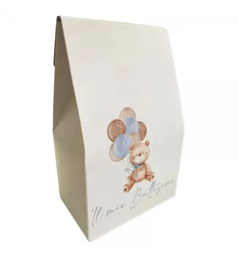 scatolina sacchetto battesimo orsetto celeste con palloncini 20 cm h x 12 cm x 7 cm