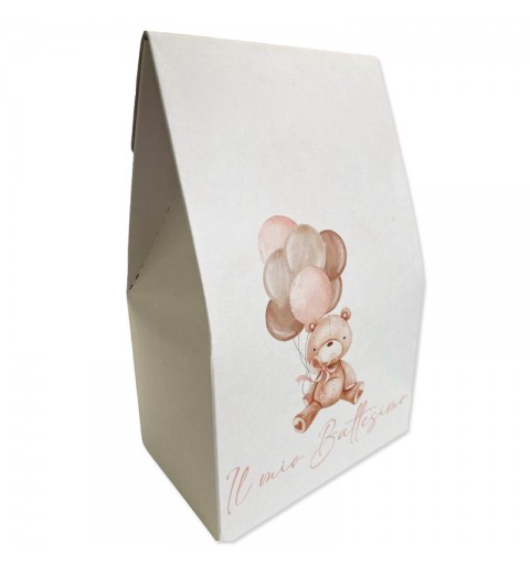 scatolina sacchetto battesimo orsetto rosa con palloncini 20 cm h x 12 cm x 7 cm