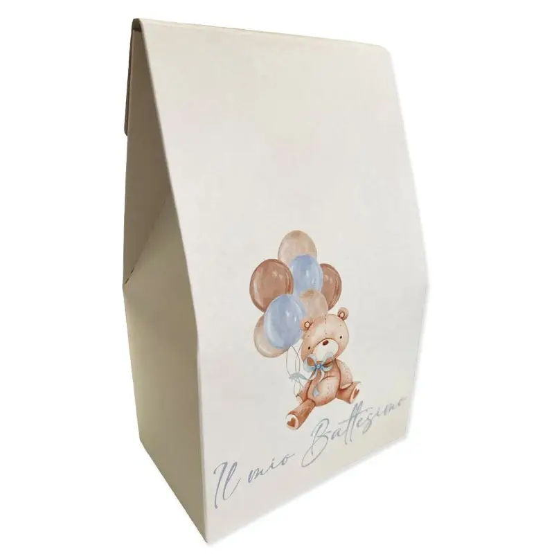 scatolina sacchetto battesimo orsetto celeste con palloncini 20 cm h x 12 cm x 7 cm