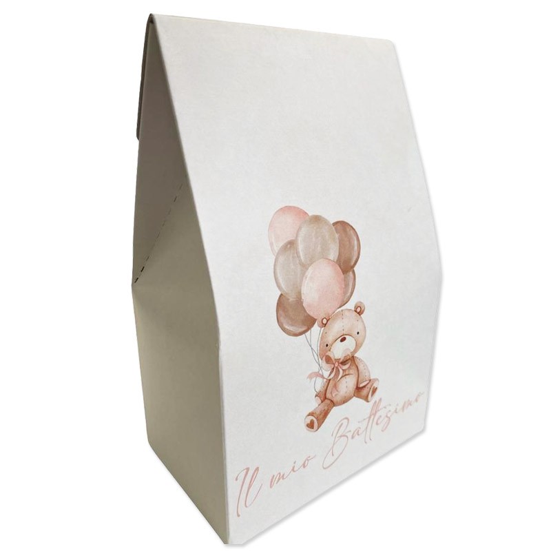scatolina sacchetto battesimo orsetto rosa con palloncini 20 cm h x 12 cm x 7 cm