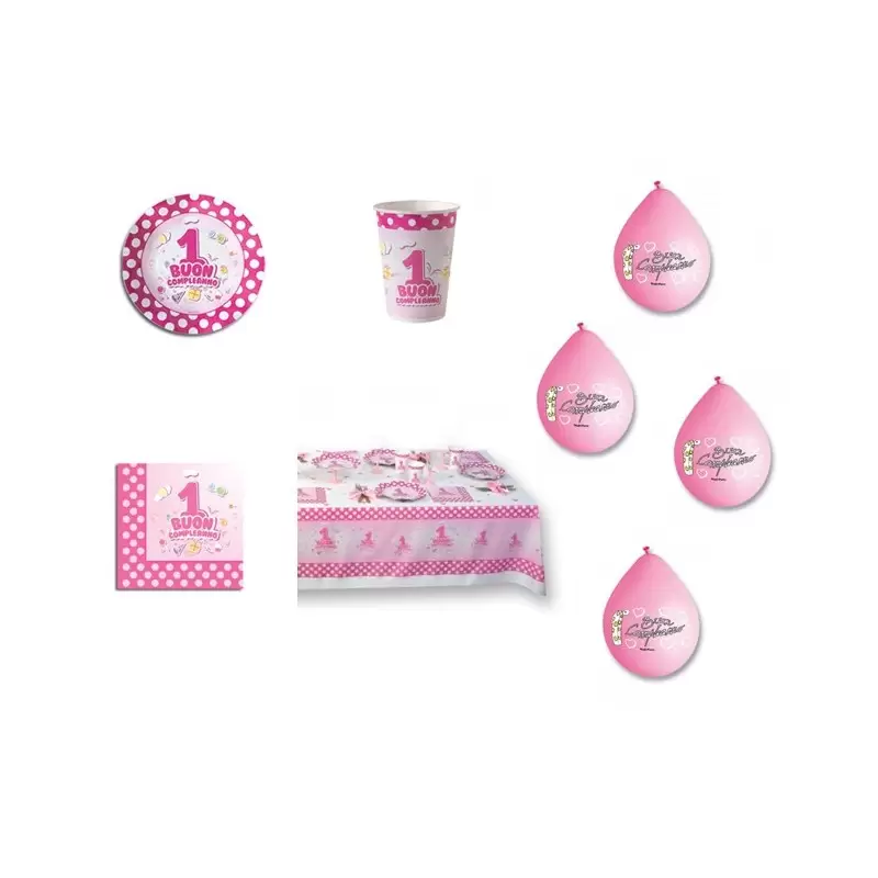 KIT N 8 COORDINATO BUON 1° COMPLEANNO POIS ROSA CON PALLONCINI PARTY BAMBINA 