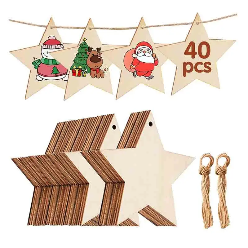 40 STELLE IN LEGNO DECORAZIONI NATALIZIE CON JUTA 8 cm
