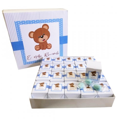 Set scatoline portaconfetti cubetto 20pz con Scatola Box Orsetto celeste - Personalizzabile