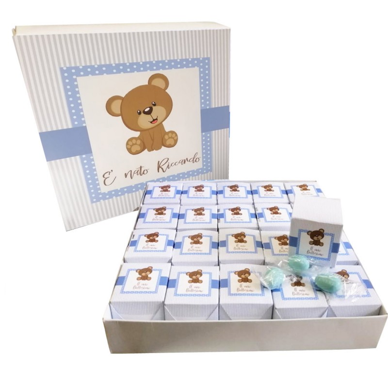 Set scatoline portaconfetti cubetto 20pz con Scatola Box Orsetto celeste - Personalizzabile