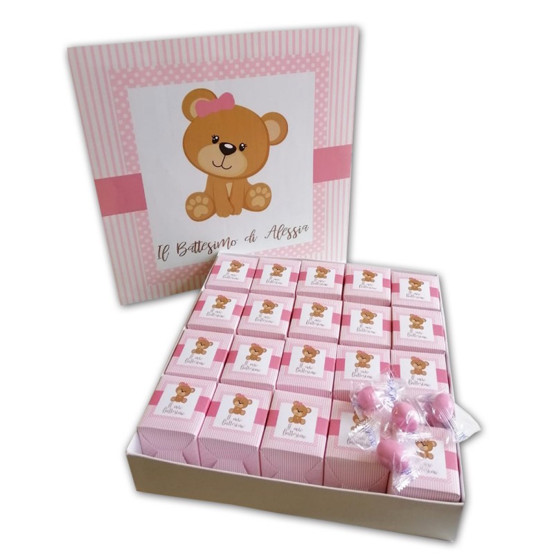 Set scatoline portaconfetti cubetto 20pz con Scatola Box Orsetta rosa - Personalizzabile