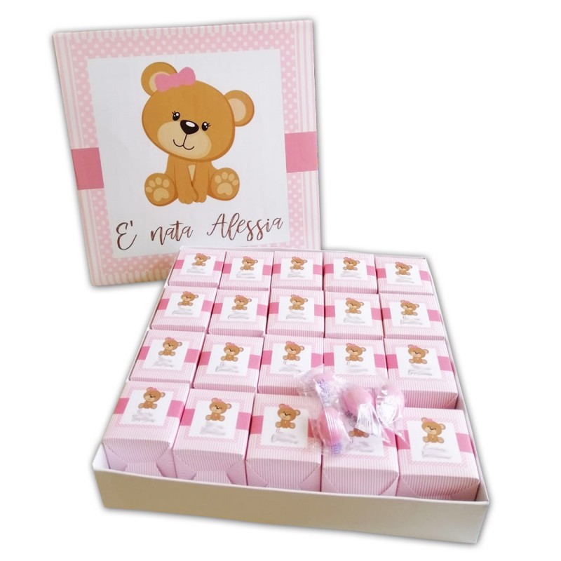 Set scatoline portaconfetti cubetto 20pz con Scatola Box Orsetta rosa - Personalizzabile