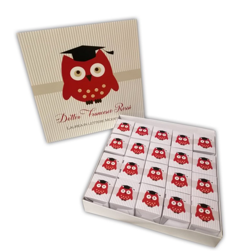 Set scatoline portaconfetti cubetto 20pz con Scatola Box Laurea Gufo - Personalizzabile