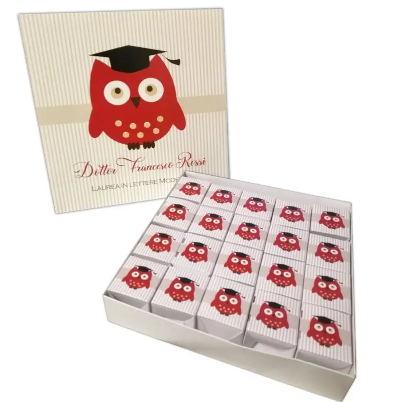 Set scatoline portaconfetti cubetto 20pz con Scatola Box Laurea Gufo - Personalizzabile