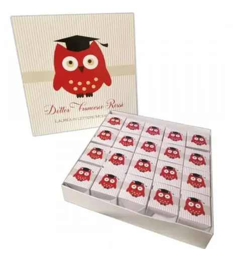 Set scatoline portaconfetti cubetto 20pz con Scatola Box Laurea Gufo - Personalizzabile