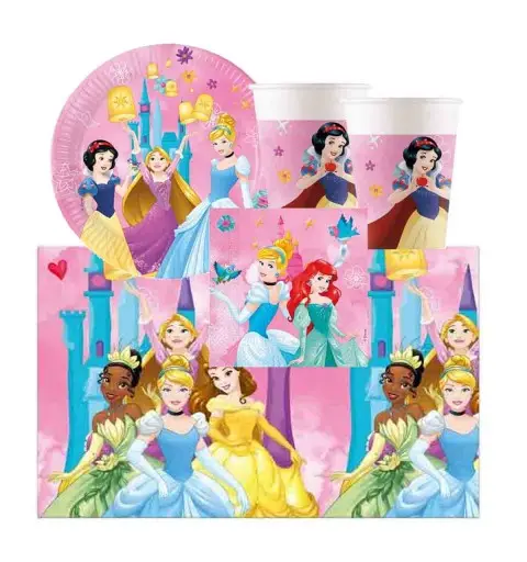 KIT 38 - COORDINATO TAVOLA COMPLEANNO BAMBINA PRINCIPESSE DISNEY + DECORAZIONE MURALE