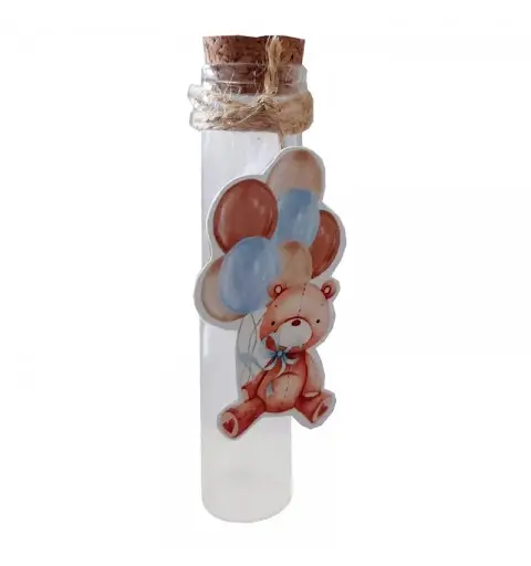 Provette vetro con tags orsetto palloncini celesti - 10 pz