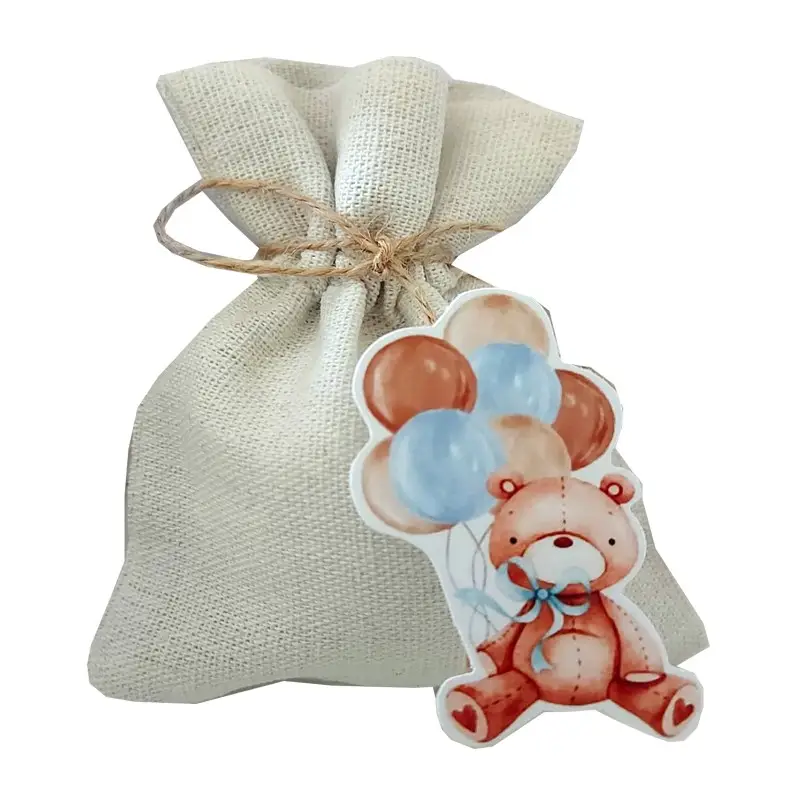 Sacchetti juta con tags orsetto palloncini celesti - 10 pz