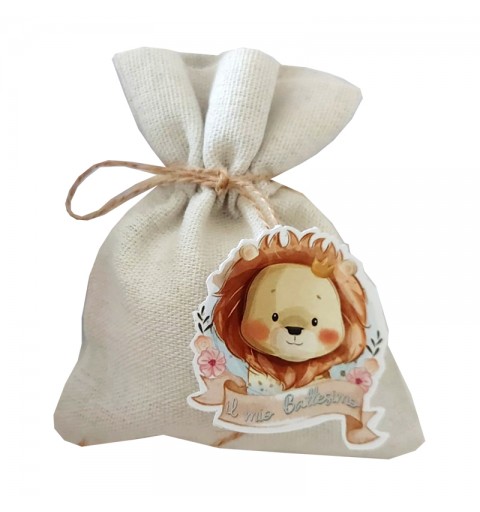 Sacchetti juta con tags leoncino battesimo - 10 pz