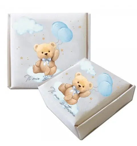 Scatolina Portaconfetti Mattonella Battesimo Teddy Celeste - 1 pz