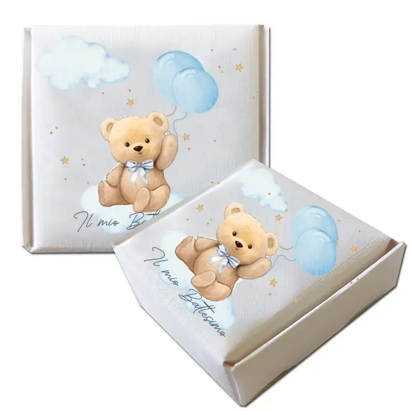 Scatolina Portaconfetti Mattonella Battesimo Teddy Celeste - 20 pz