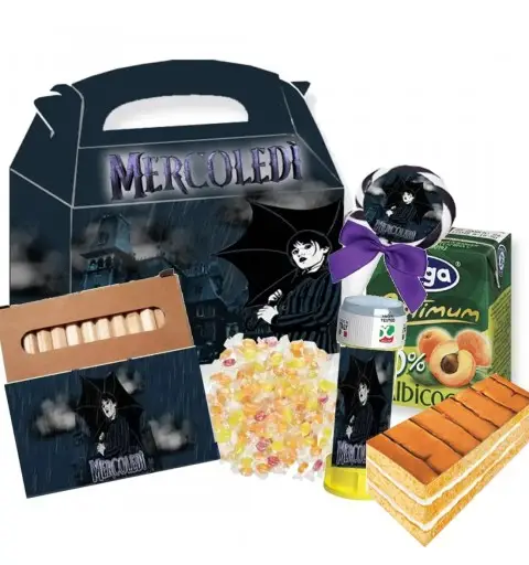 Box scatola Mercoledì Addams con merendine succhi di frutta - 6 pz