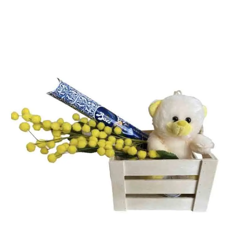 Peluche Orsetto, tubo Baci e Mimose artificiali regalo festa della donna