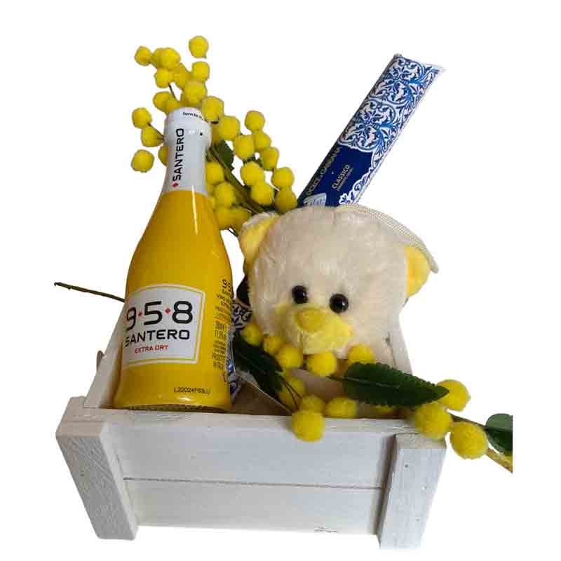 Peluche Orsetto, tubo Baci e Mimose artificiali regalo festa della donna