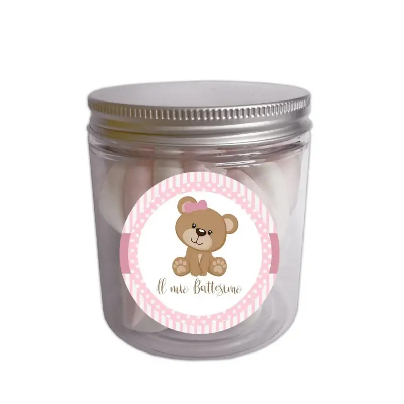 Marshmallow in barattolo per Battesimo Bimba a tema Orsetta rosa 20pz