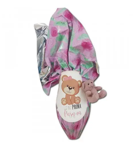 Uovo di Pasqua di Cioccolato " La Mia Prima Pasqua " Bimba Orsetta rosa con peluche