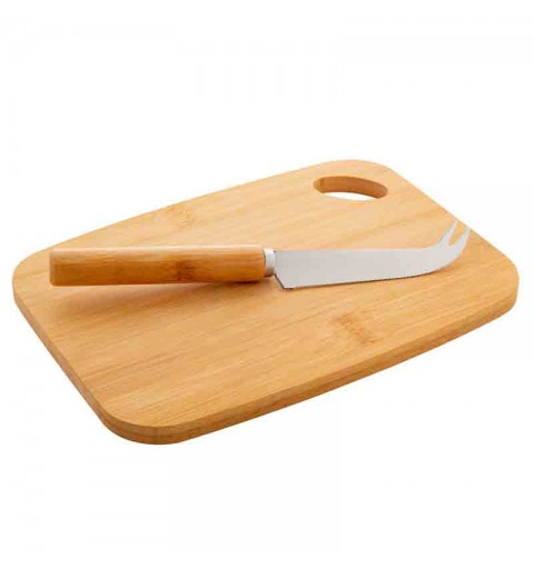 Set da formaggio in bambù con coltello in acciaio inox e tagliere In scatola di carta kraft P800473 naturale 200×143×10 mm
