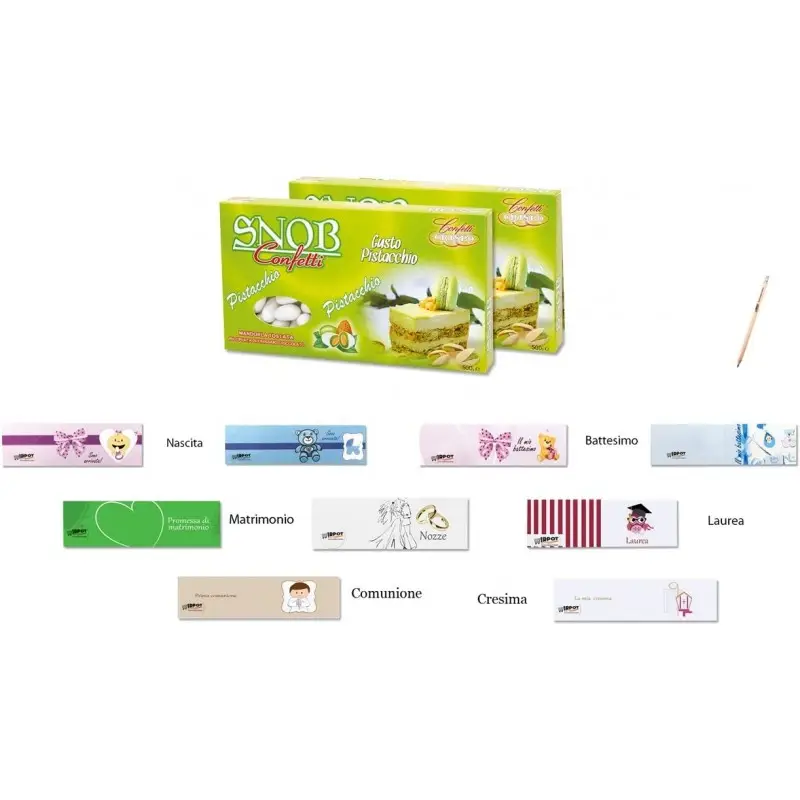 SNOB CRISPO CONFETTI PISTACCHIO 1KG + 100 BIGLIETTINI BOMBONIERE A SCELTA