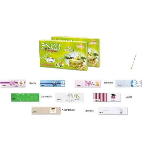 SNOB CRISPO CONFETTI PISTACCHIO 1KG + 100 BIGLIETTINI BOMBONIERE A SCELTA
