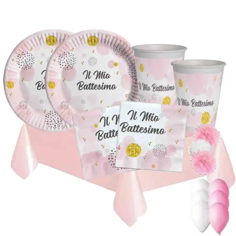 Kit 8 persone battesimo rosa bambina con palloncini e fluffy