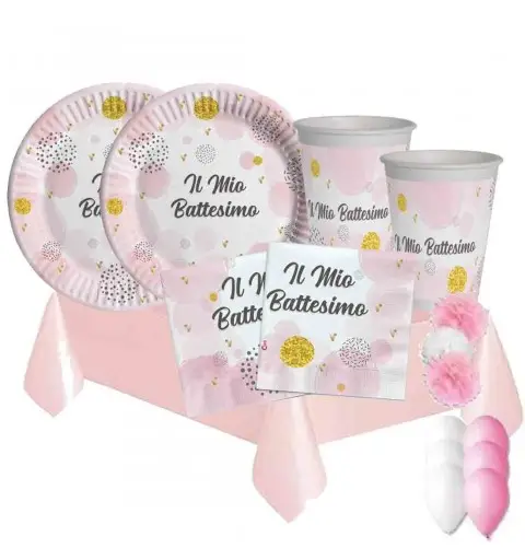 Kit 8 persone battesimo rosa bambina con palloncini e fluffy