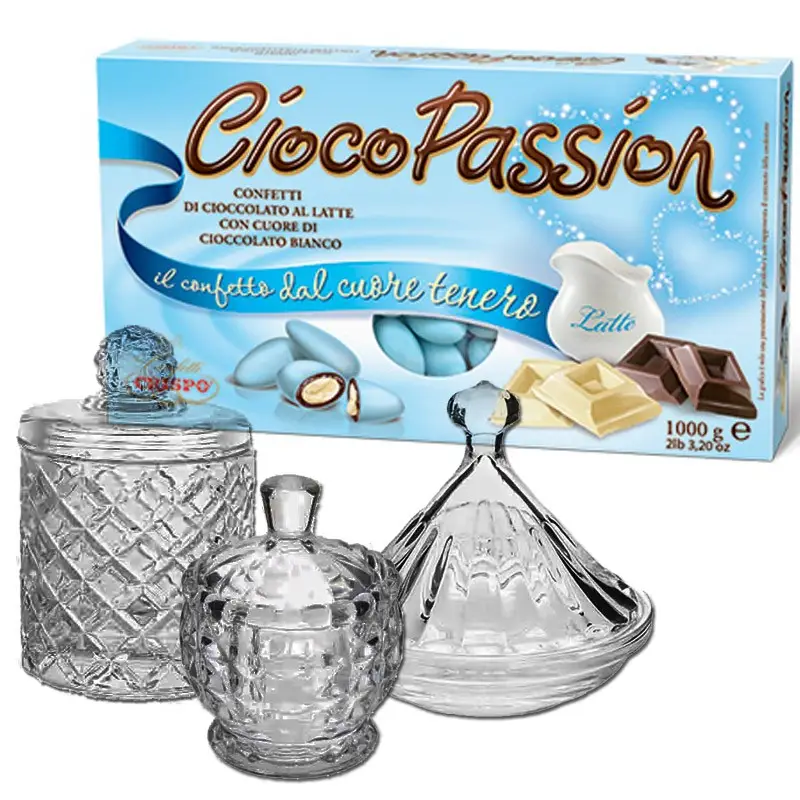 Confettata 3kg Crispo Ciocopassion Celeste Per Nascita o Battesimo con portaconfetti in vetro