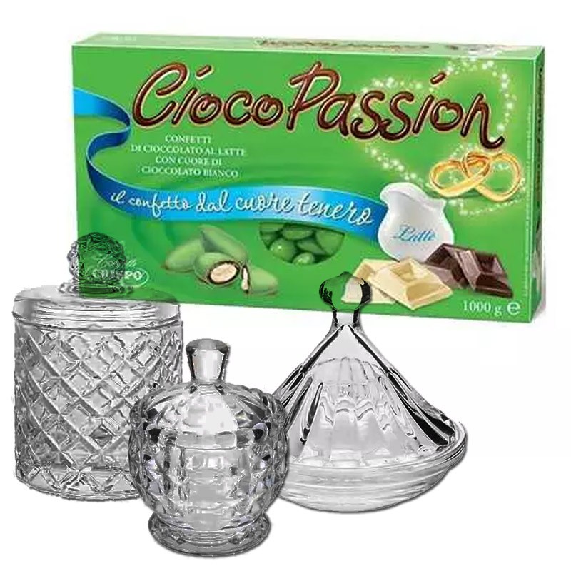 Confettata 3kg Crispo Ciocopassion Verde Per Promessa con portaconfetti in vetro