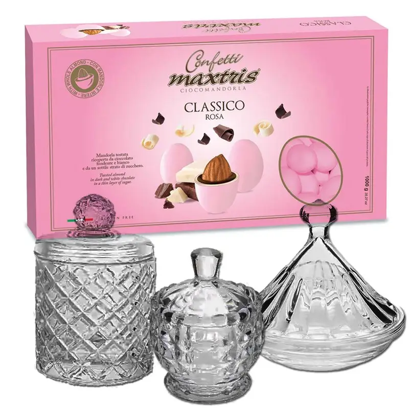 Confettata 3kg Maxtris Rosa Per Nascita o Battesimo con portaconfetti in vetro